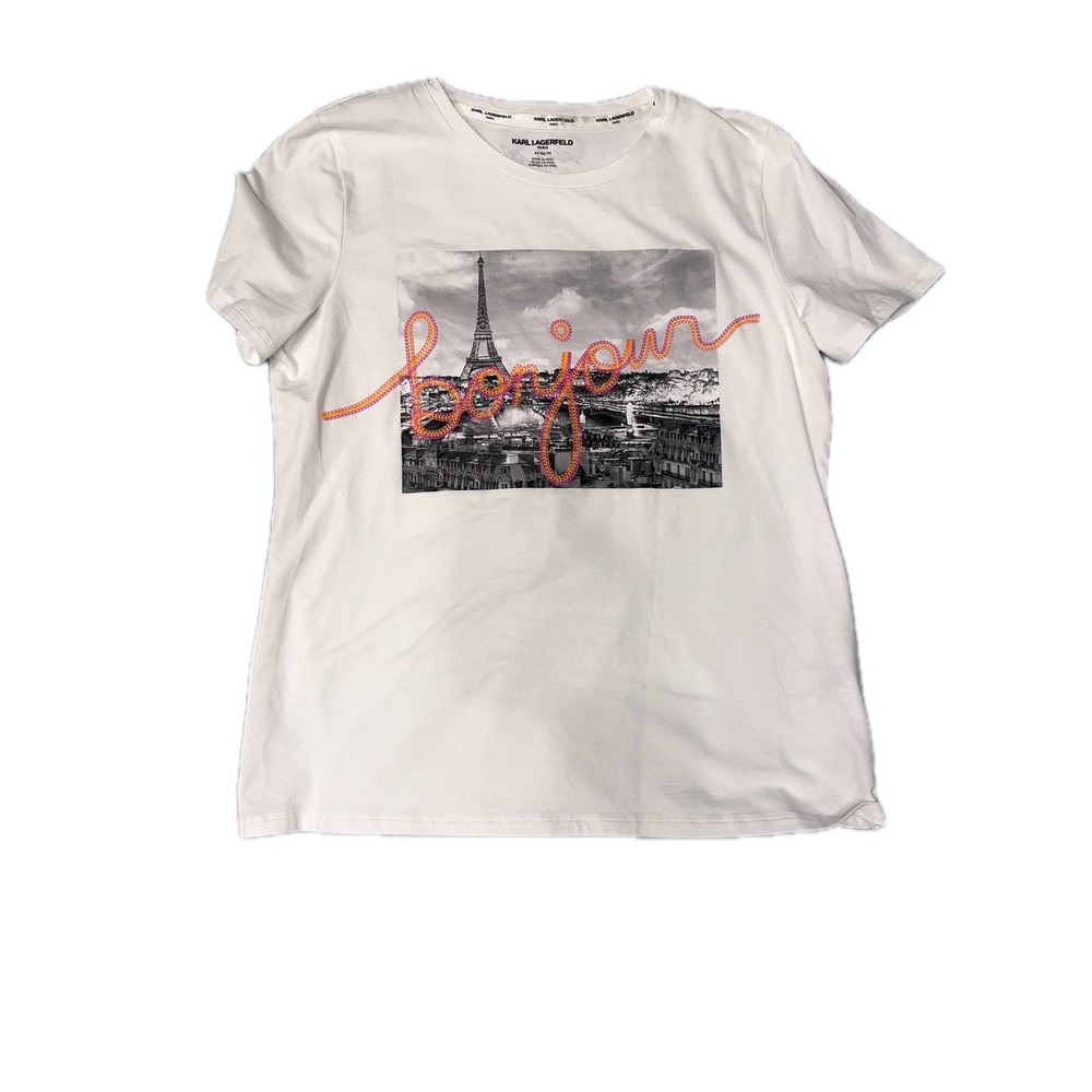 Karl Lagerfeld Paris Bonjour Eiffel Tower Graphic T-Shirt White Medium